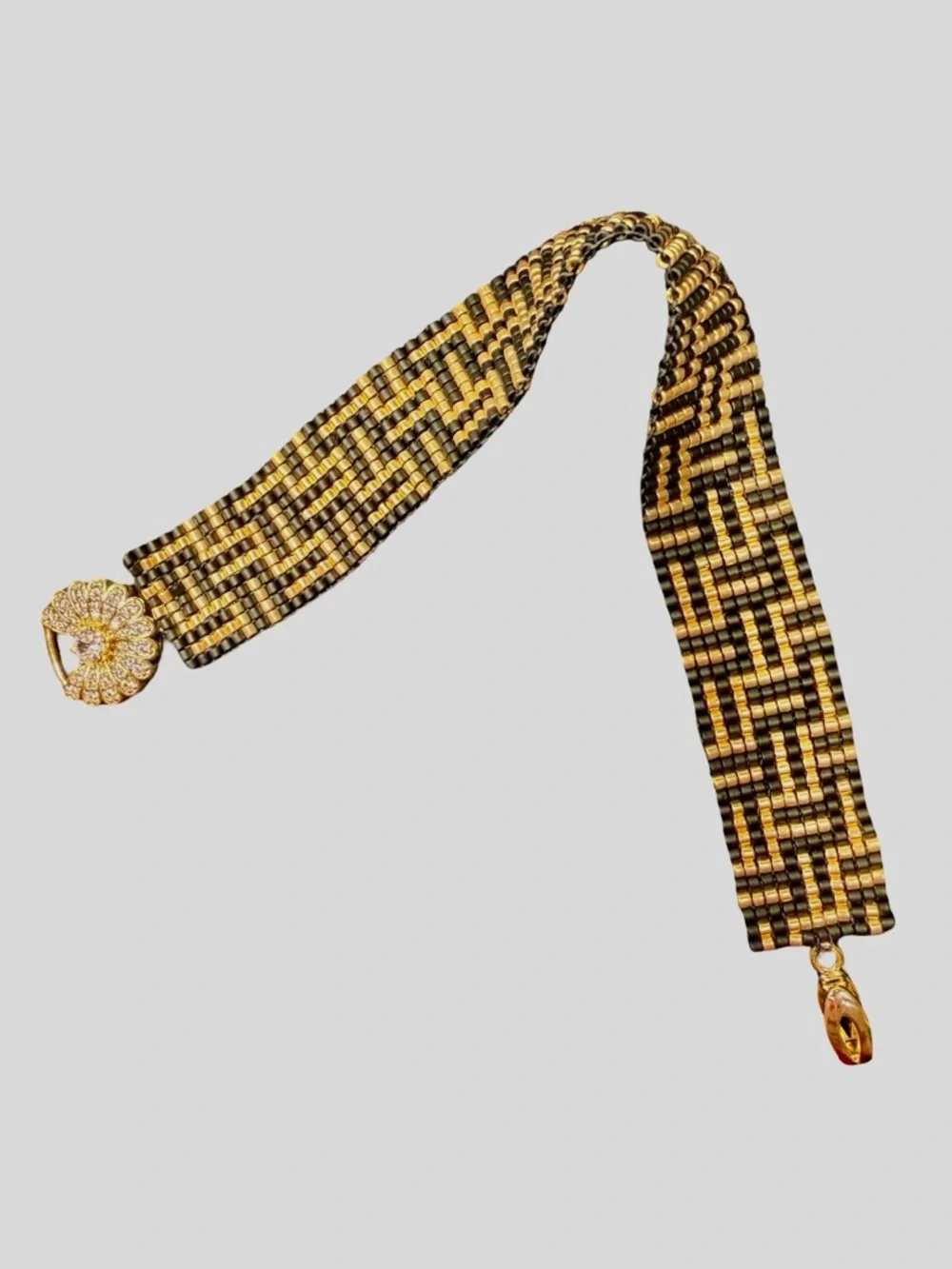 Black Gold Art Deco Beaded Bracelet | Geometric Loom Cuff | CZ Clasp